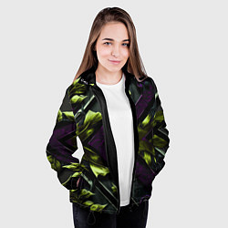 Куртка с капюшоном женская Зеленые листья и фиолетовые вставки, цвет: 3D-черный — фото 2