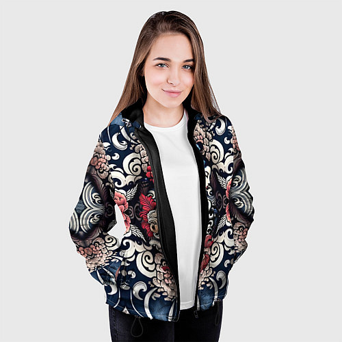 Женская куртка Irezumi style: девушка и синие узоры / 3D-Черный – фото 3