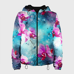 Куртка с капюшоном женская Розовые орхидеи на бирюзовом - паттерн акварель, цвет: 3D-черный