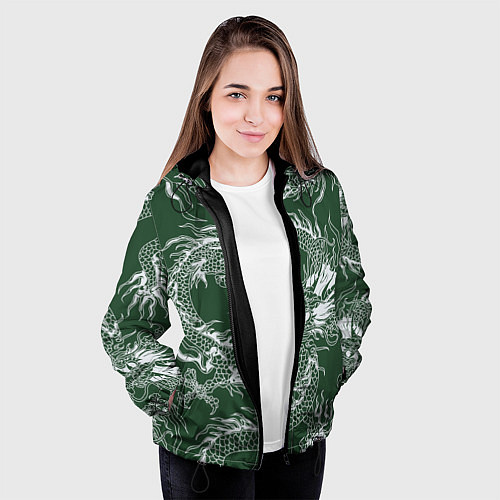 Женская куртка Татуировка дракона на зеленом фоне / 3D-Черный – фото 3