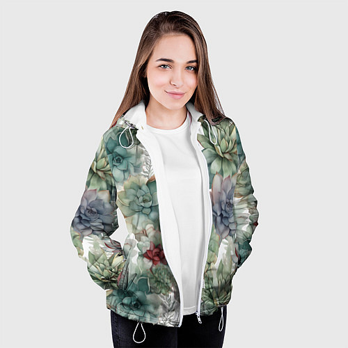 Женская куртка Акварельные суккуленты - паттерн / 3D-Белый – фото 3