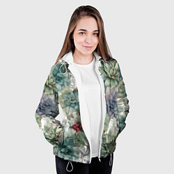 Куртка с капюшоном женская Акварельные суккуленты - паттерн, цвет: 3D-белый — фото 2