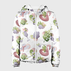 Куртка с капюшоном женская Пляжный паттерн с коктейлями и фламинго, цвет: 3D-белый