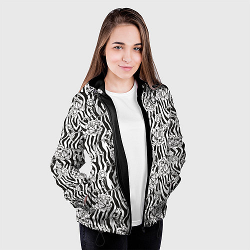 Женская куртка Декоративные цветы на фоне зебры / 3D-Черный – фото 3