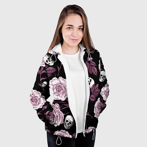 Женская куртка Розовые цветы с черепами / 3D-Белый – фото 3
