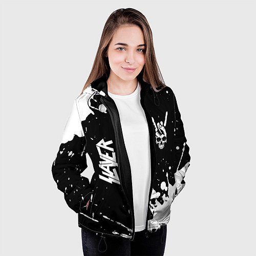 Женская куртка Slayer и рок символ на темном фоне / 3D-Черный – фото 3