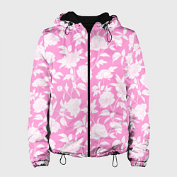 Куртка с капюшоном женская Паттерн белые пионы, цвет: 3D-черный