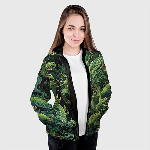 Женская куртка Зеленые драконы: арт нейросети / 3D-Черный – фото 3