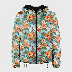 Куртка с капюшоном женская Гавайские цветы паттерн, цвет: 3D-черный