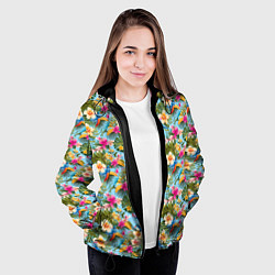 Куртка с капюшоном женская Разноцветные цветочки гавайские, цвет: 3D-черный — фото 2