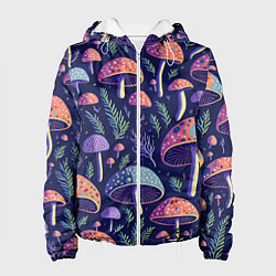 Куртка с капюшоном женская Грибы паттерн, цвет: 3D-белый