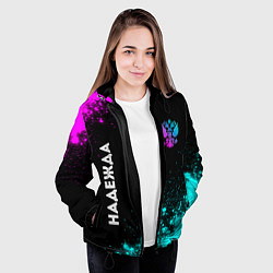 Куртка с капюшоном женская Надежда и неоновый герб России: надпись, символ, цвет: 3D-черный — фото 2