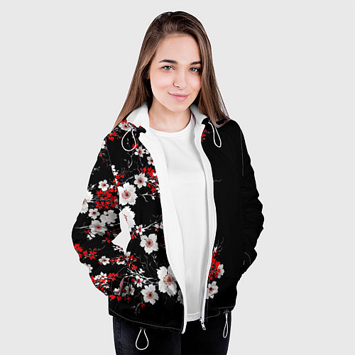 Женская куртка Белая и красная сакура - цветение / 3D-Белый – фото 3