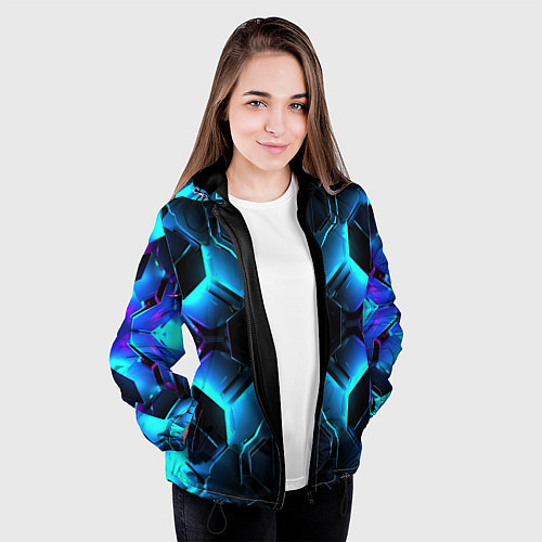 Женская куртка Неоновые синие плиты / 3D-Черный – фото 3