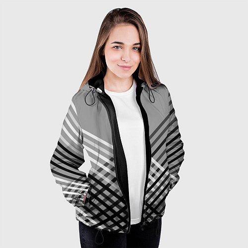Женская куртка Косые черно-белые полосы на сером / 3D-Черный – фото 3