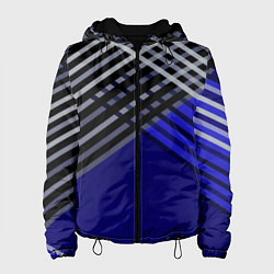Куртка с капюшоном женская Белые и серые полосы на синем фоне, цвет: 3D-черный