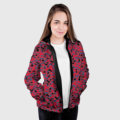 Женская куртка Черные и синие треугольники на красном / 3D-Черный – фото 3