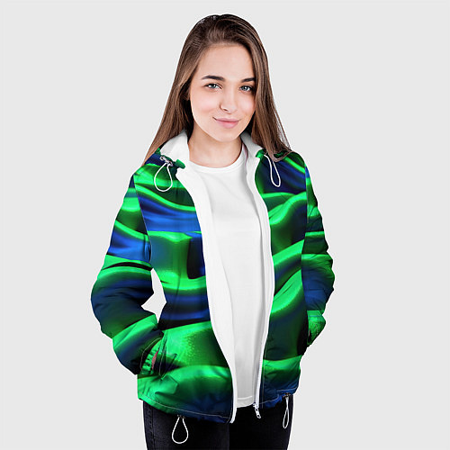 Женская куртка Зеленые неоновые волны / 3D-Белый – фото 3
