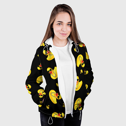 Женская куртка Жёлтая уточка в в темных очках и цепочке на черном / 3D-Белый – фото 3