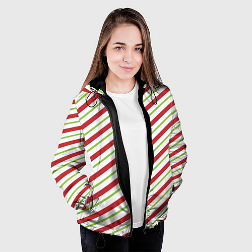 Женская куртка Рождественский паттерн красно зеленые полосы / 3D-Черный – фото 3