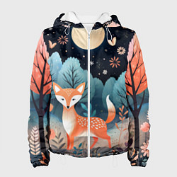 Куртка с капюшоном женская Лисичка в осеннем лесу фолк-арт, цвет: 3D-белый