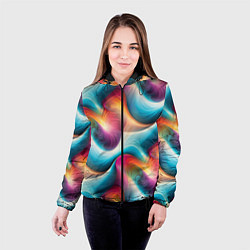 Куртка с капюшоном женская Волнообразная разноцветная абстракция, цвет: 3D-черный — фото 2