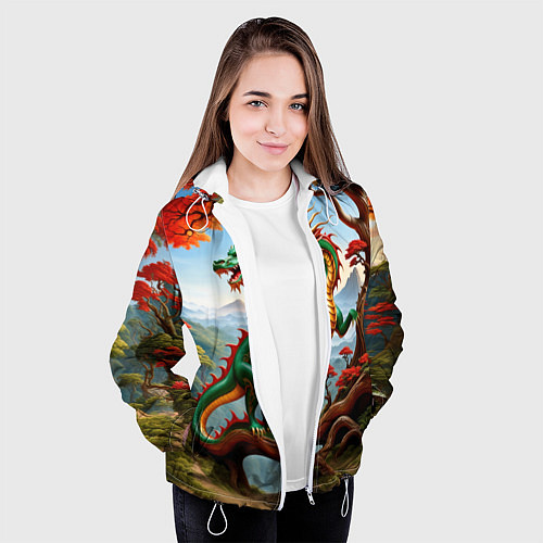 Женская куртка Зеленый деревянный дракон / 3D-Белый – фото 3