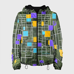 Куртка с капюшоном женская Разноцветные квадраты и белые полосы, цвет: 3D-черный