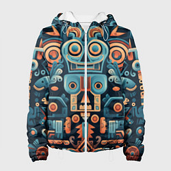 Куртка с капюшоном женская Симметричный абстрактный паттерн в ацтекском стиле, цвет: 3D-белый