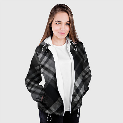 Женская куртка Черно-белая диагональная клетка в шотландском стил / 3D-Белый – фото 3