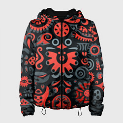 Куртка с капюшоном женская Красно-черный узор в славянском стиле, цвет: 3D-черный