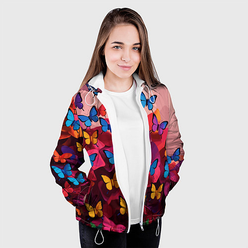 Женская куртка Разноцветные бабочки - розовые цветы / 3D-Белый – фото 3