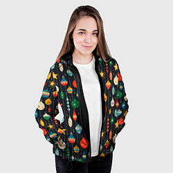 Куртка с капюшоном женская Новогодние ёлочные игрушки на черном фоне, цвет: 3D-черный — фото 2