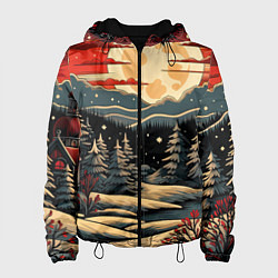 Куртка с капюшоном женская Зимнее настроение новогодний рисунок, цвет: 3D-черный