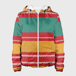 Куртка с капюшоном женская Разноцветные вязаные полоски, цвет: 3D-белый