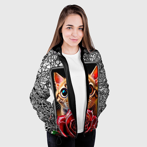 Женская куртка Кот в телефоне / 3D-Черный – фото 3