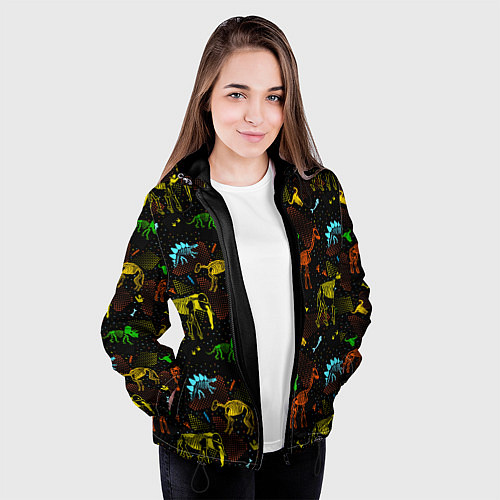 Женская куртка Скелеты динозавров неон / 3D-Черный – фото 3