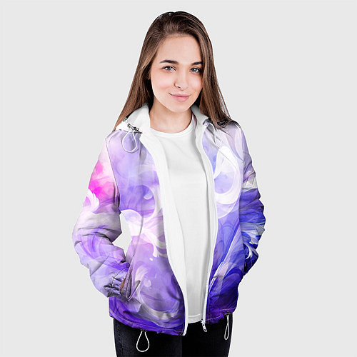 Женская куртка Белые узоры на абстрактном фиолетовом фоне / 3D-Белый – фото 3