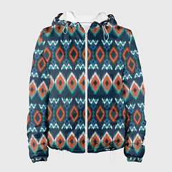 Куртка с капюшоном женская Орнамент икат синий оранжевый, цвет: 3D-белый