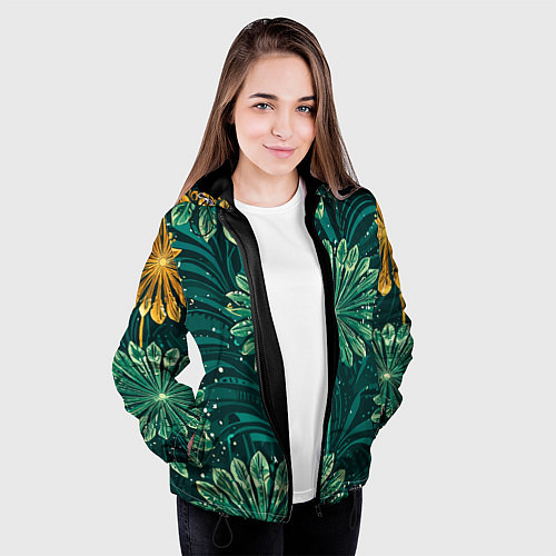 Женская куртка Одуванчики зеленая с желтым акцентом абстракция / 3D-Черный – фото 3