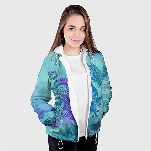 Женская куртка Бирюзовый дракон узор / 3D-Белый – фото 3