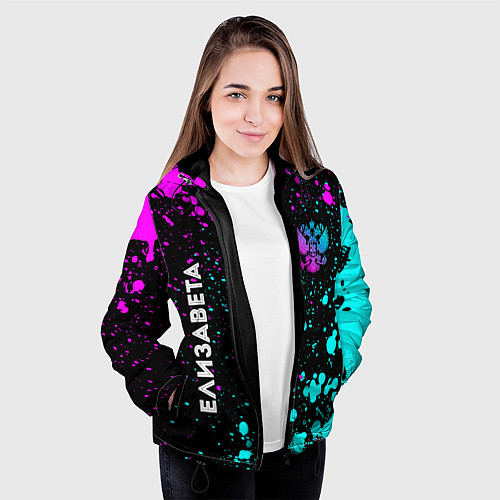 Женская куртка Елизавета и неоновый герб России вертикально / 3D-Черный – фото 3