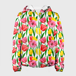 Куртка с капюшоном женская Colorful tulips, цвет: 3D-белый