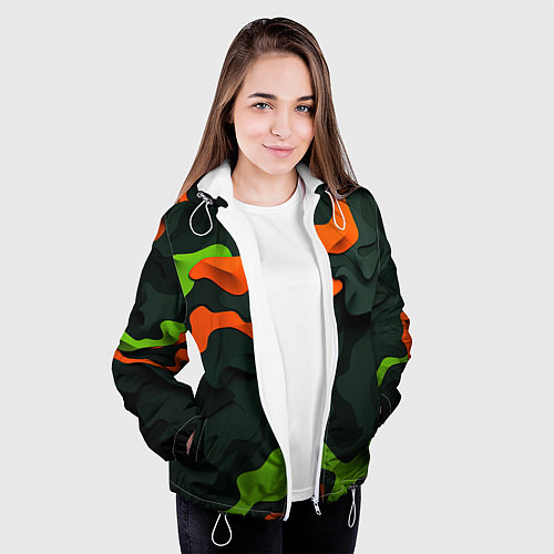Женская куртка Зеленые и оранжевые кляксы / 3D-Белый – фото 3