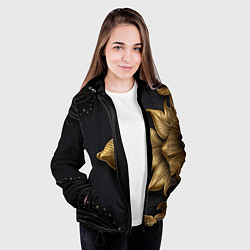 Куртка с капюшоном женская Золотые объемные листья на черном фоне, цвет: 3D-черный — фото 2