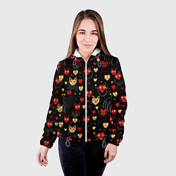 Куртка с капюшоном женская Паттерн с сердечками и котами валентинка, цвет: 3D-белый — фото 2