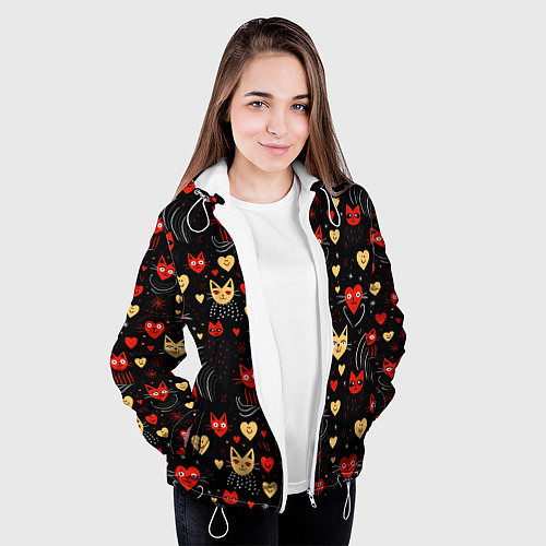 Женская куртка Паттерн с сердечками и котами валентинка / 3D-Белый – фото 3