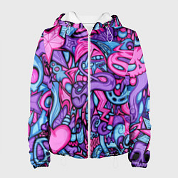 Куртка с капюшоном женская Узор розово-фиолетовый черепа и сердца, цвет: 3D-белый