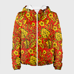 Женская куртка Хохломская роспись золотистые цветы на красном фон