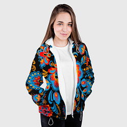Куртка с капюшоном женская Хохломская роспись разноцветные цветы на чёроном ф, цвет: 3D-белый — фото 2